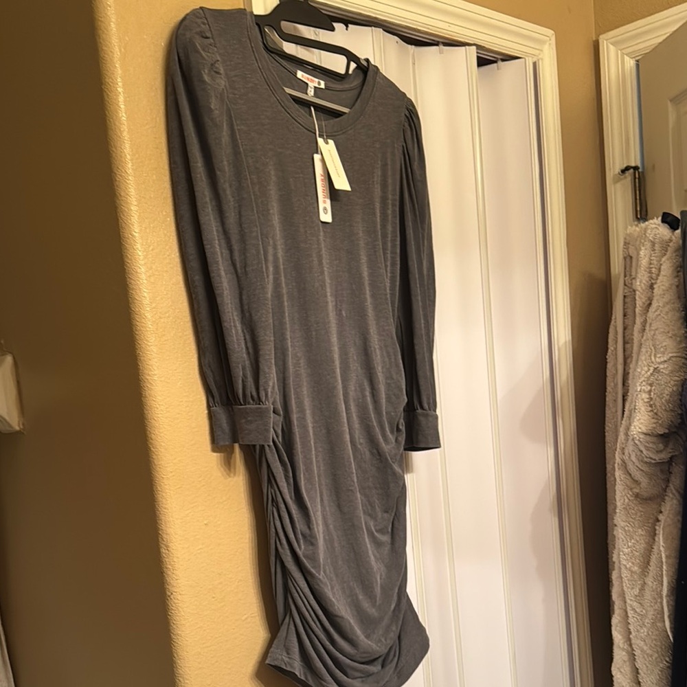 Anthropologie Gray Ruched Asymmetrical Long Sleeve Dress